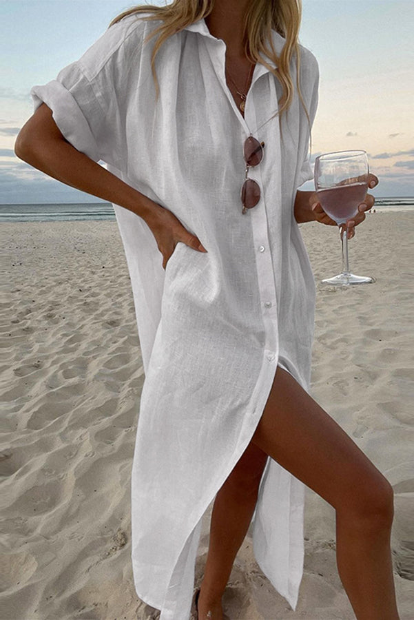 Solid color casual long sleeved mid length cotton and linen shirt dress Main image