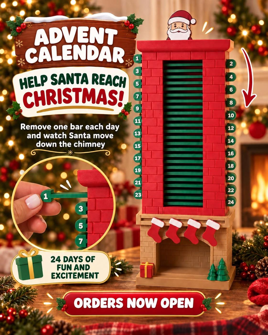 3D Printed Santa Chimney Advent Calendar, Christmas Countdown