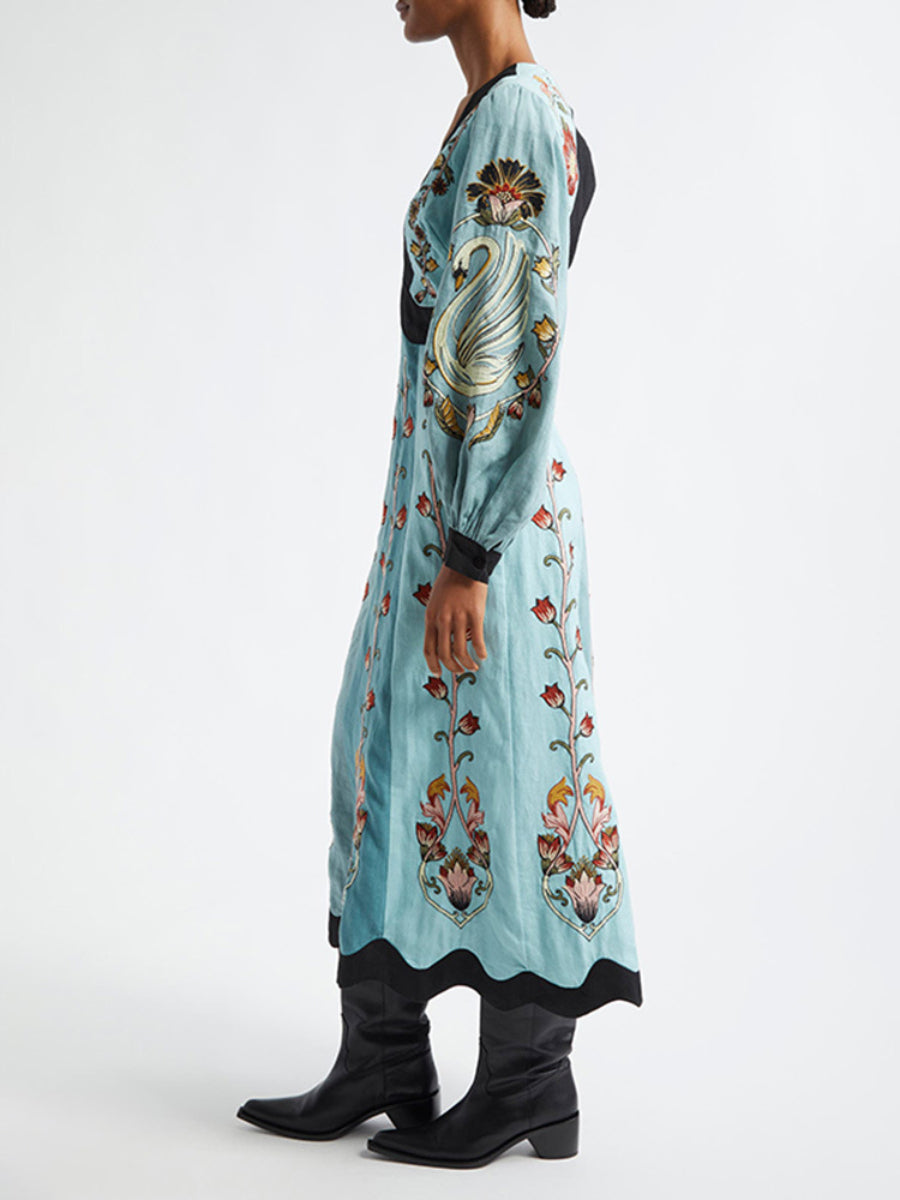 Printed Deep-V Lantern-Sleeve Cut-Out Backless Midi Vacation Dress