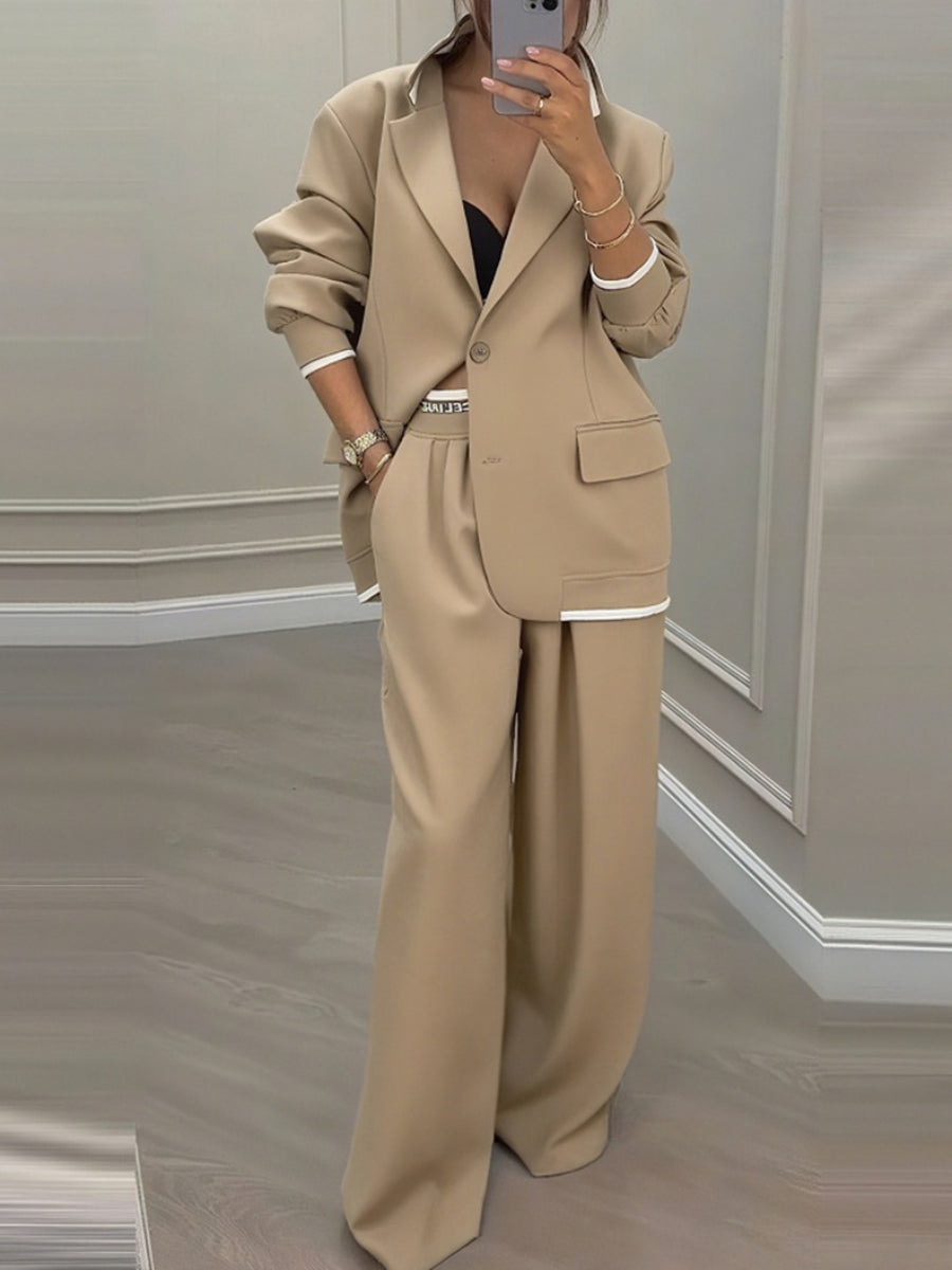 Elegant long-sleeved jacket and casual wide-leg pants suit set