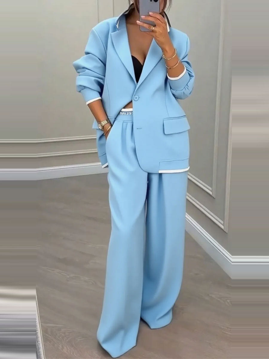 Elegant long-sleeved jacket and casual wide-leg pants suit set