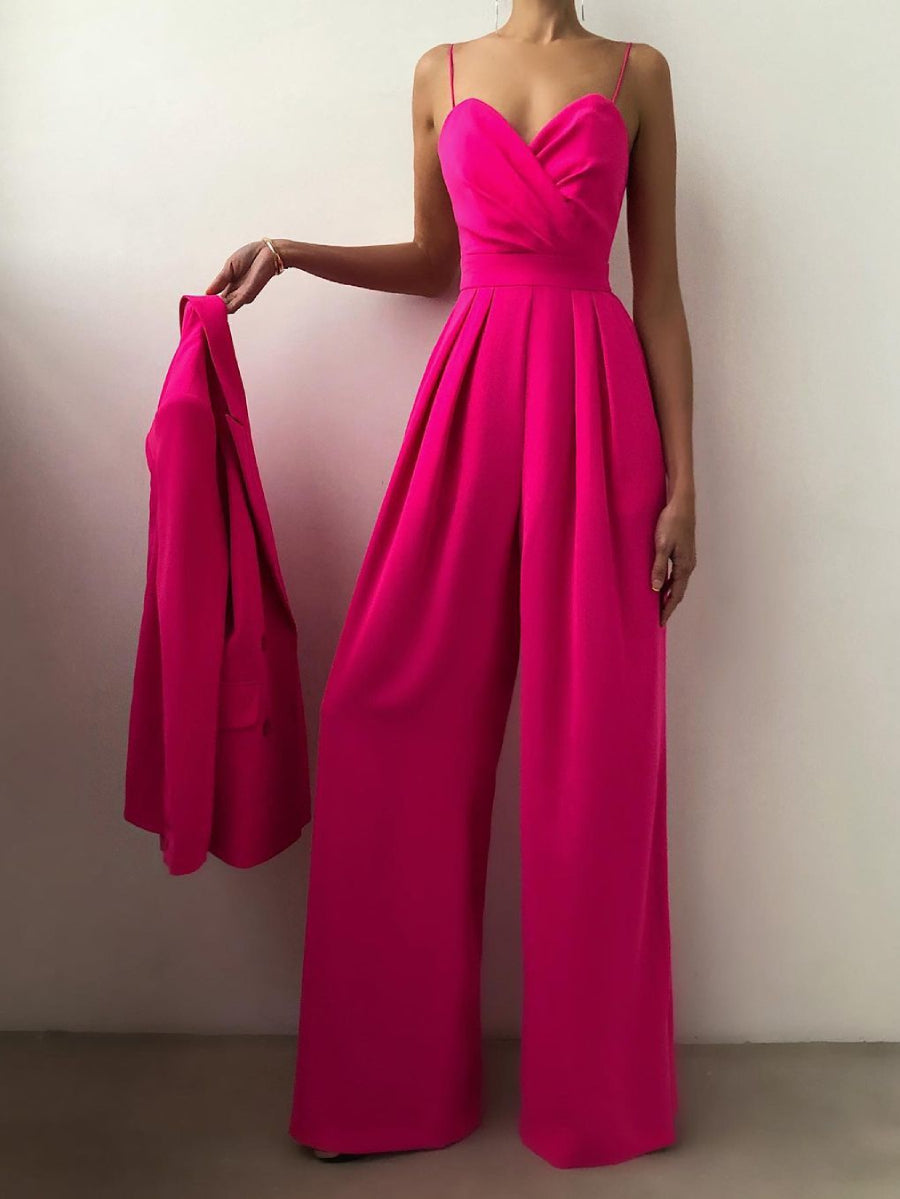 Women Satin Fold Ruched Bust Thin Strap Jumpsuit