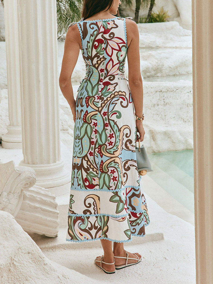 Vintage Paisley Floral Print Scalloped Lace Trim Side Lace Up Midi Sundress