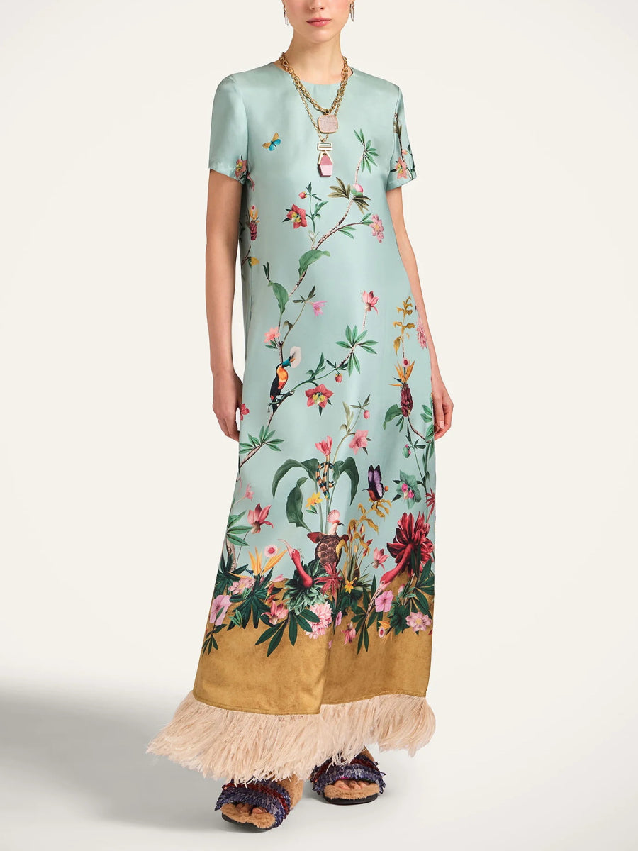 Mint Green Tropical Floral Bird Print Short Sleeve Straight Maxi Dress