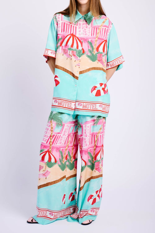 Mint Retro Motel Print Linen Shirt & Pants Set