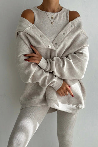 Sports casual hooded sweatshirt thickened threaded slim vest pants three-piece set