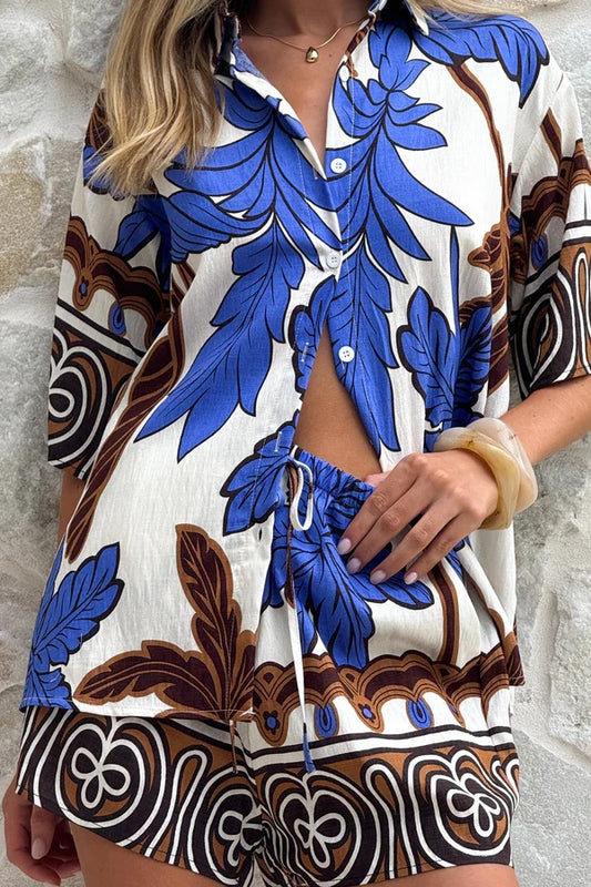 Women's Tropical Leaf Print 2-Piece Short Set - Short Sleeve Button Up Shirt & High Waisted Shorts for Summer Beach Vacation
