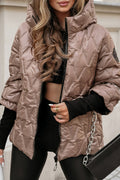 Brown hooded diamond-quilted padded jacket with long sleeves and a hip-length cut