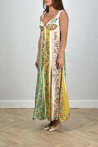 Sweet Garden Linen Blend Color Block Floral Paneled Maxi Dress