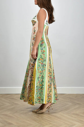 Sweet Garden Linen Blend Color Block Floral Paneled Maxi Dress