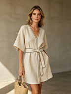 Linen Mini Dress with Black Contrast Stitching & Belt