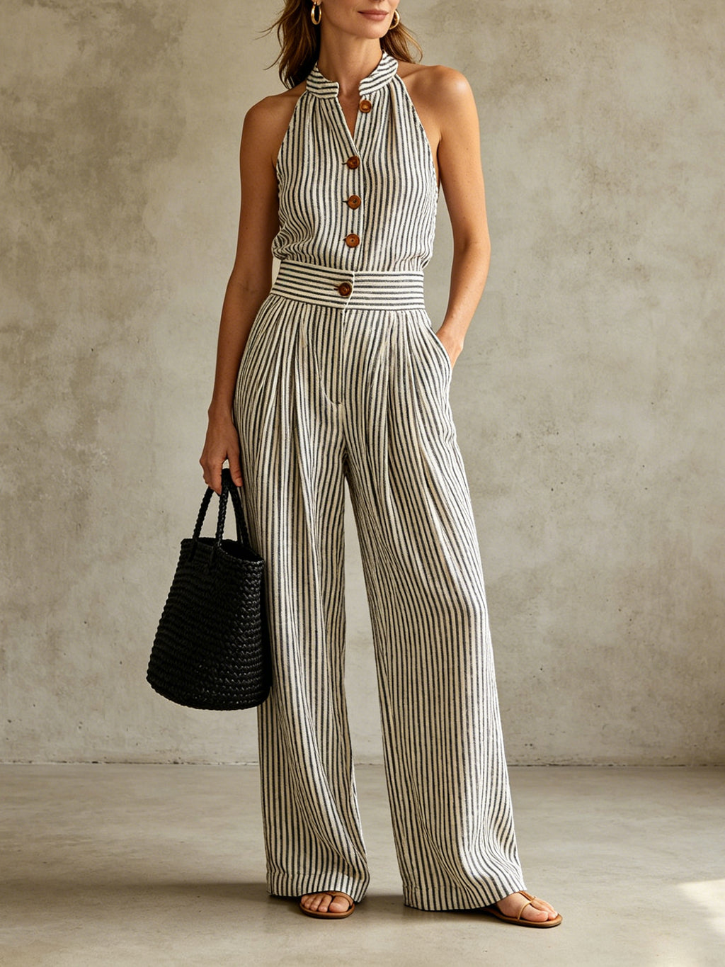 Striped Linen Halter two pieces with Wooden Buttons