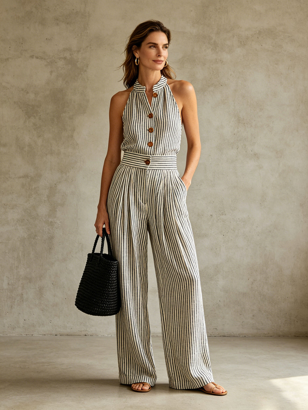 Striped Linen Halter two pieces with Wooden Buttons