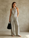 Striped Linen Halter two pieces with Wooden Buttons