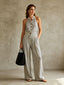 Striped Linen Halter two pieces with Wooden Buttons