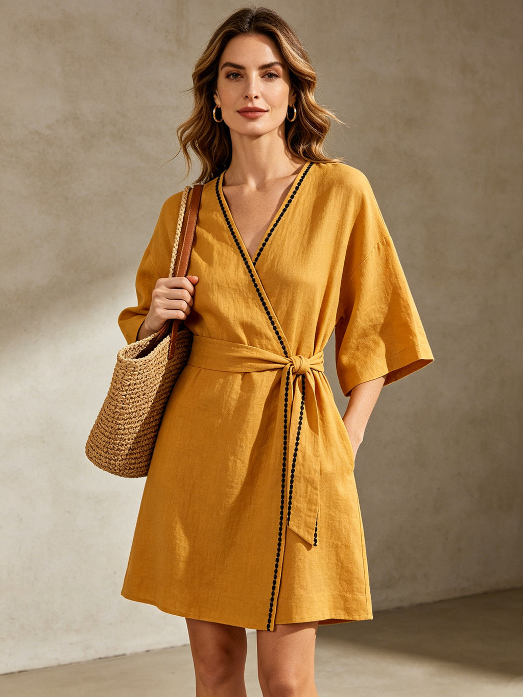 Linen Mini Dress with Black Contrast Stitching & Belt