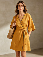 Linen Mini Dress with Black Contrast Stitching & Belt