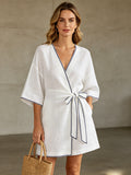 Linen Mini Dress with Black Contrast Stitching & Belt