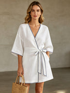 Linen Mini Dress with Black Contrast Stitching & Belt
