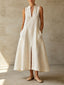 Off White Stand Collar Sleeveless Linen Maxi Dress with Front Slit & Pockets
