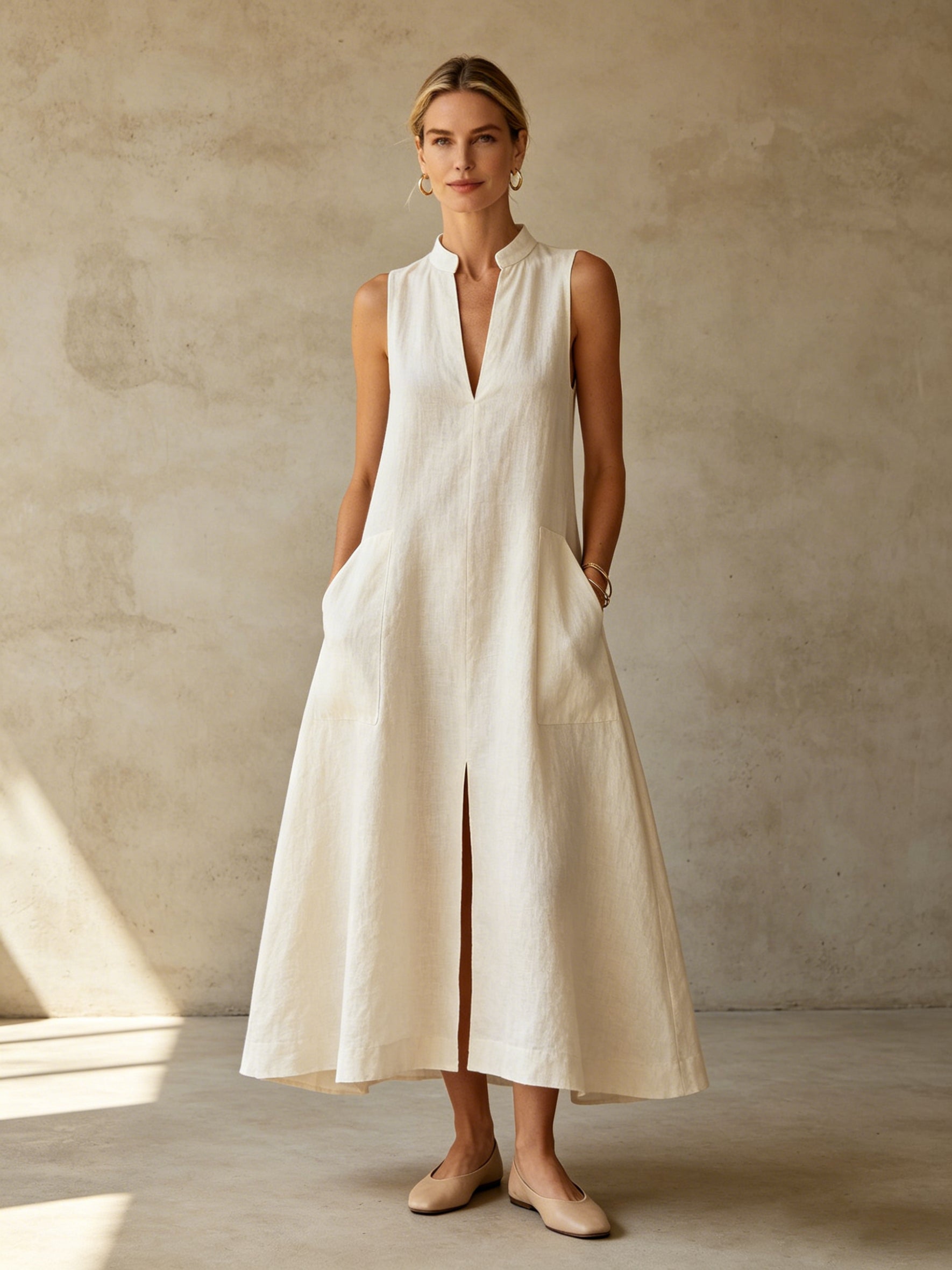 Off White Stand Collar Sleeveless Linen Maxi Dress with Front Slit & Pockets