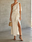 Cream Linen One Shoulder Midi Dress with Waist Tie & High Slit