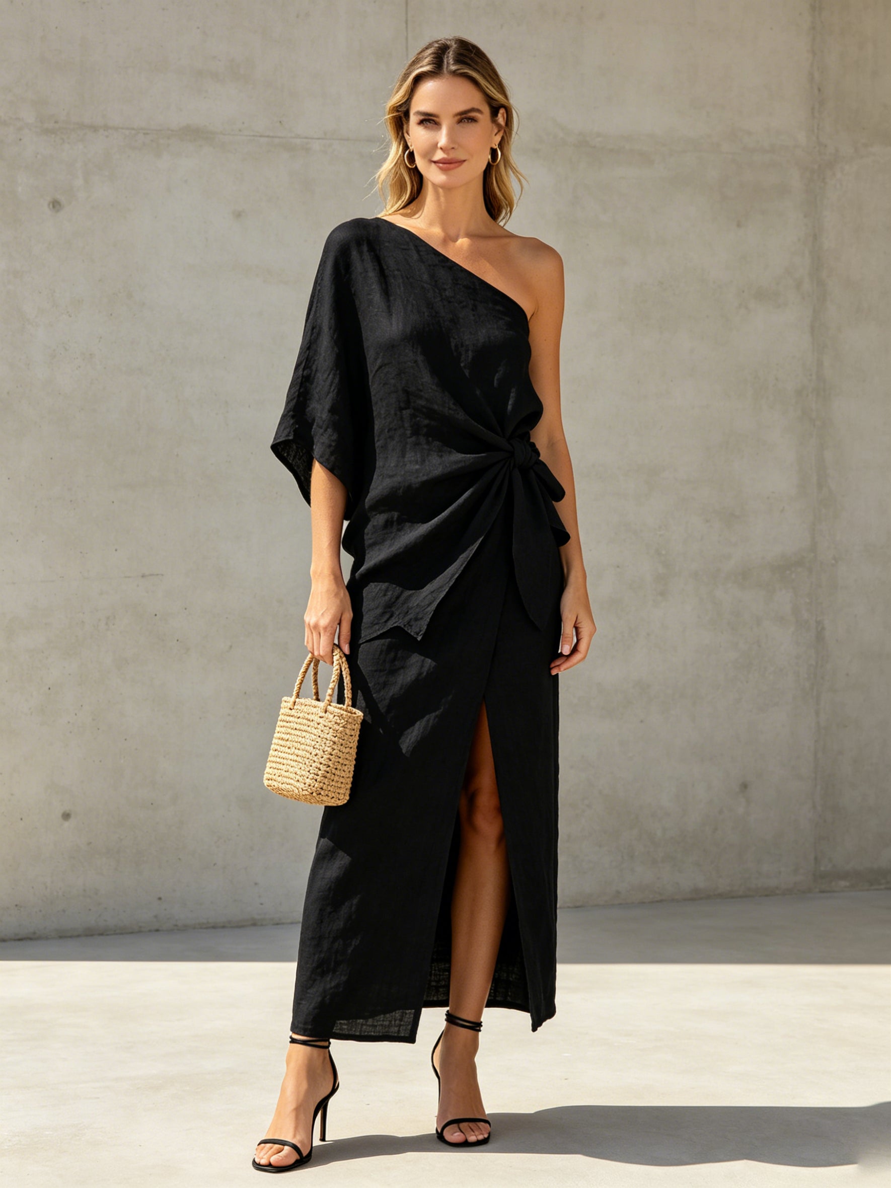 Black Linen One Shoulder Wrap Midi Dress with Side Tie & Slit