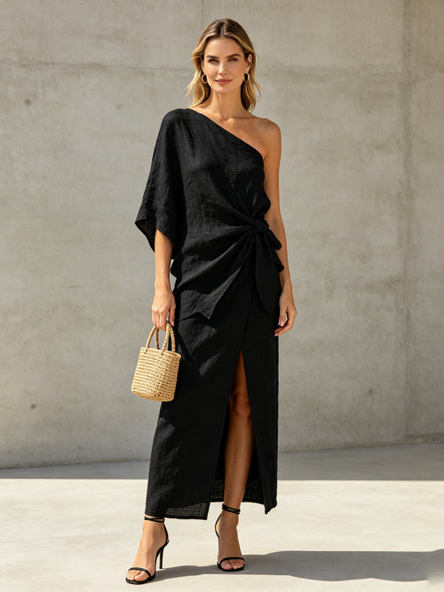 Black Linen One Shoulder Wrap Midi Dress with Side Tie & Slit