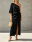 Black Linen One Shoulder Wrap Midi Dress with Side Tie & Slit