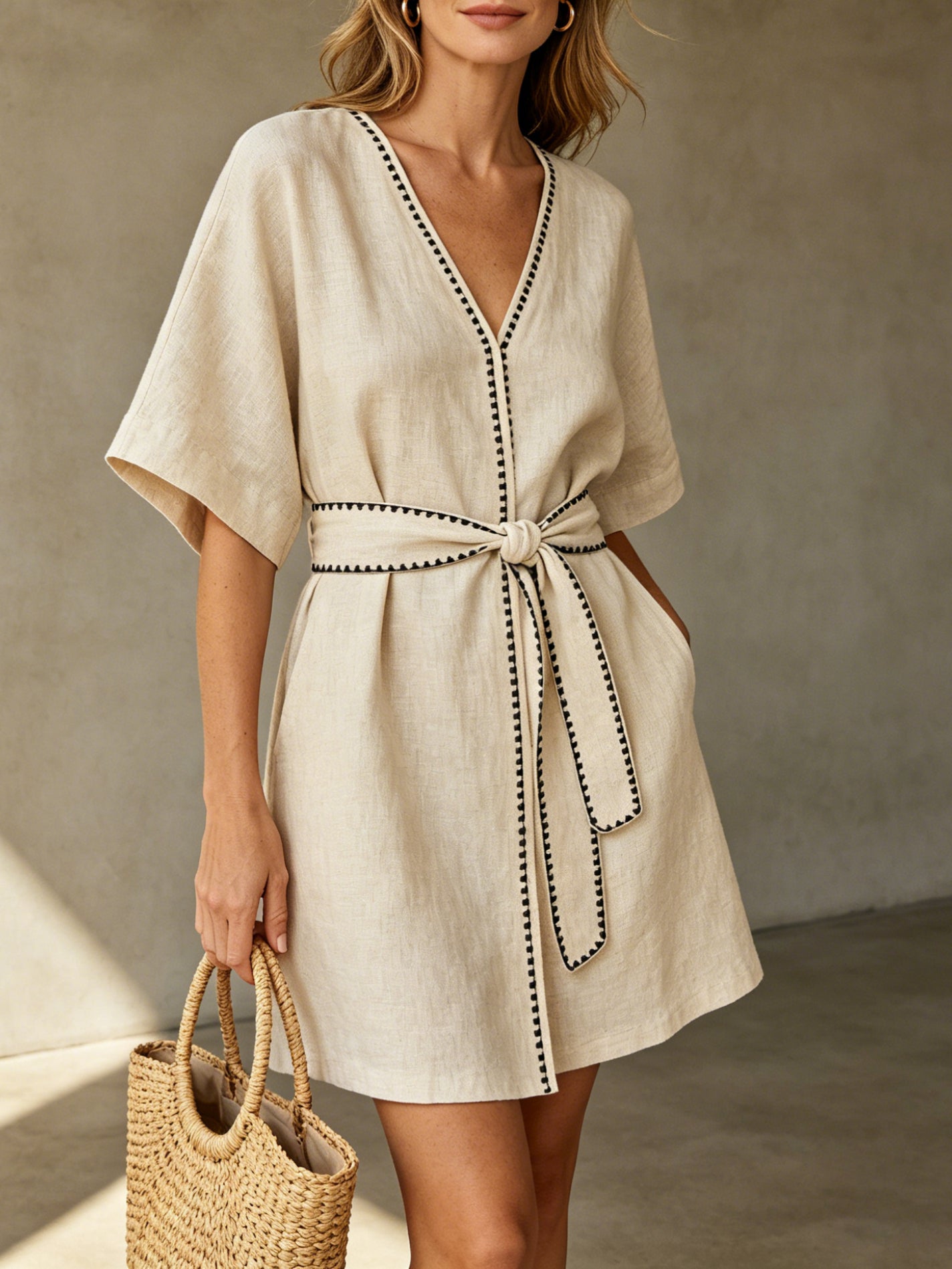 Linen Mini Dress with Black Contrast Stitching & Belt Main image