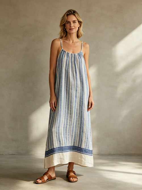 Blue White Striped Linen Slip Maxi Dress with Thin Spaghetti Straps