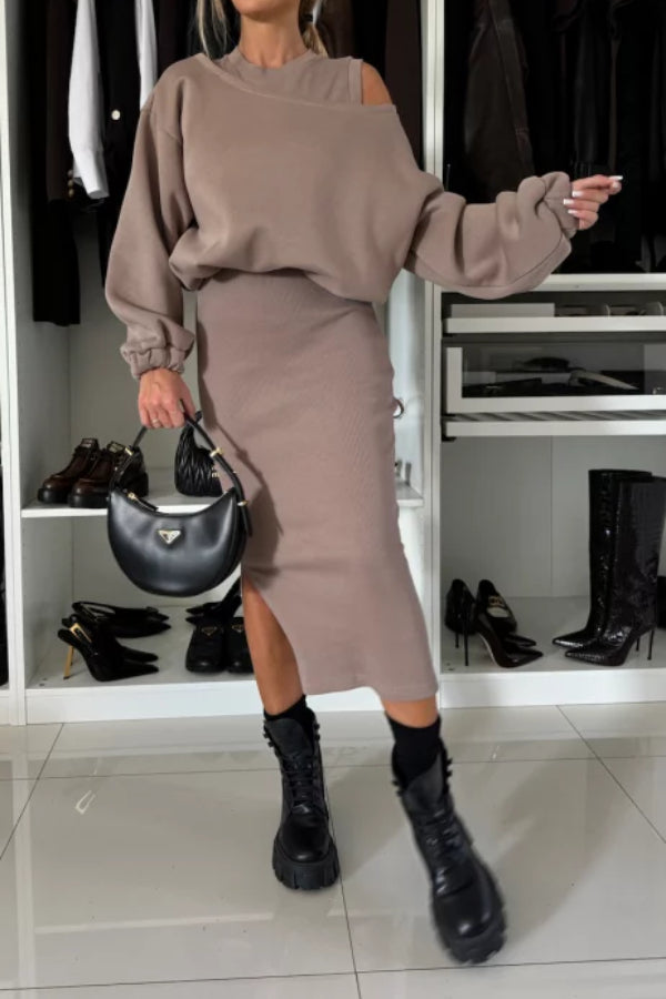 Wide Neck Relaxed Sweatshirt and Ribbed Tank Stretch Midi Dress Set Main image