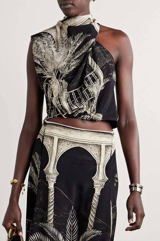 Tropical Palm Leaf Print Top and Skirt Two-Piece Set